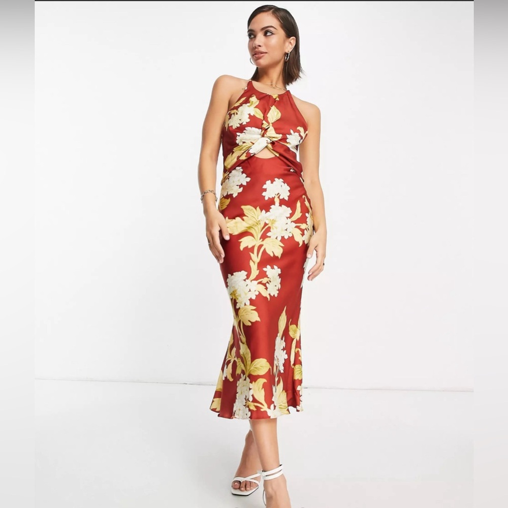 ASOS DESIGN knot front satin midi dress with tie back detail